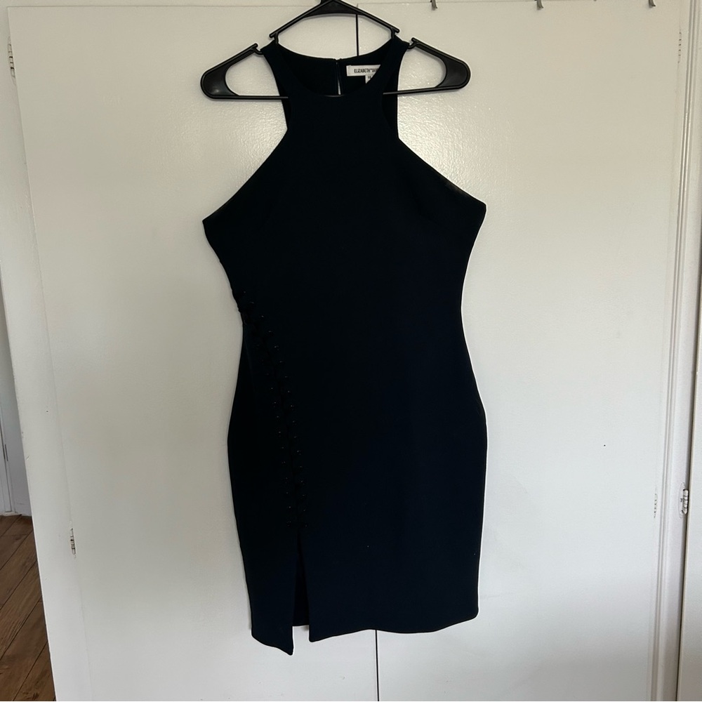 Elizabeth and James navy high neck slit dress